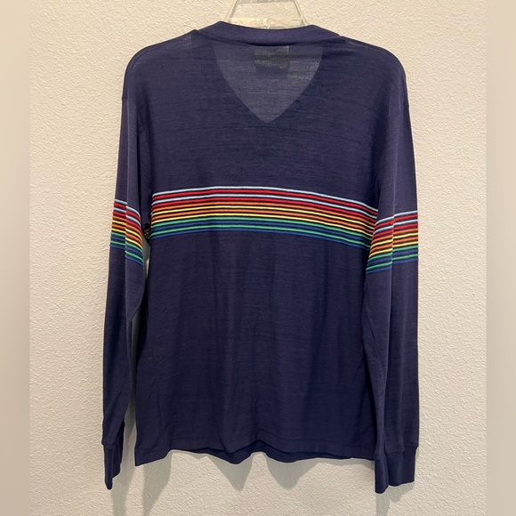 Vintage 70s Velva Sheen Sweater Navy Blue Rainbow UNO Very Lightweight V-Neck L - Picture 6 of 7